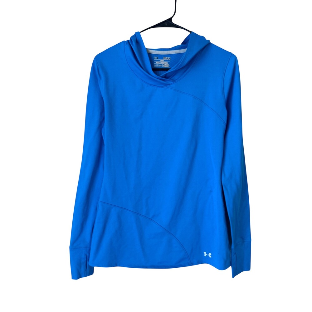 Under Armour ColdGear Fitted Hoodie Blue Thumbhole Crossover Neck Womens Medium